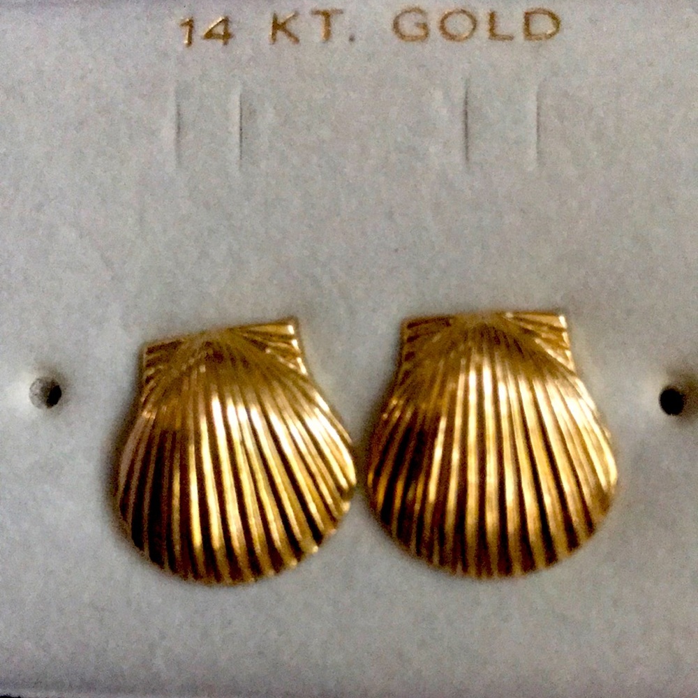 Solid 14k Yellow Gold Shell Stud Earrings. Preown… - image 1
